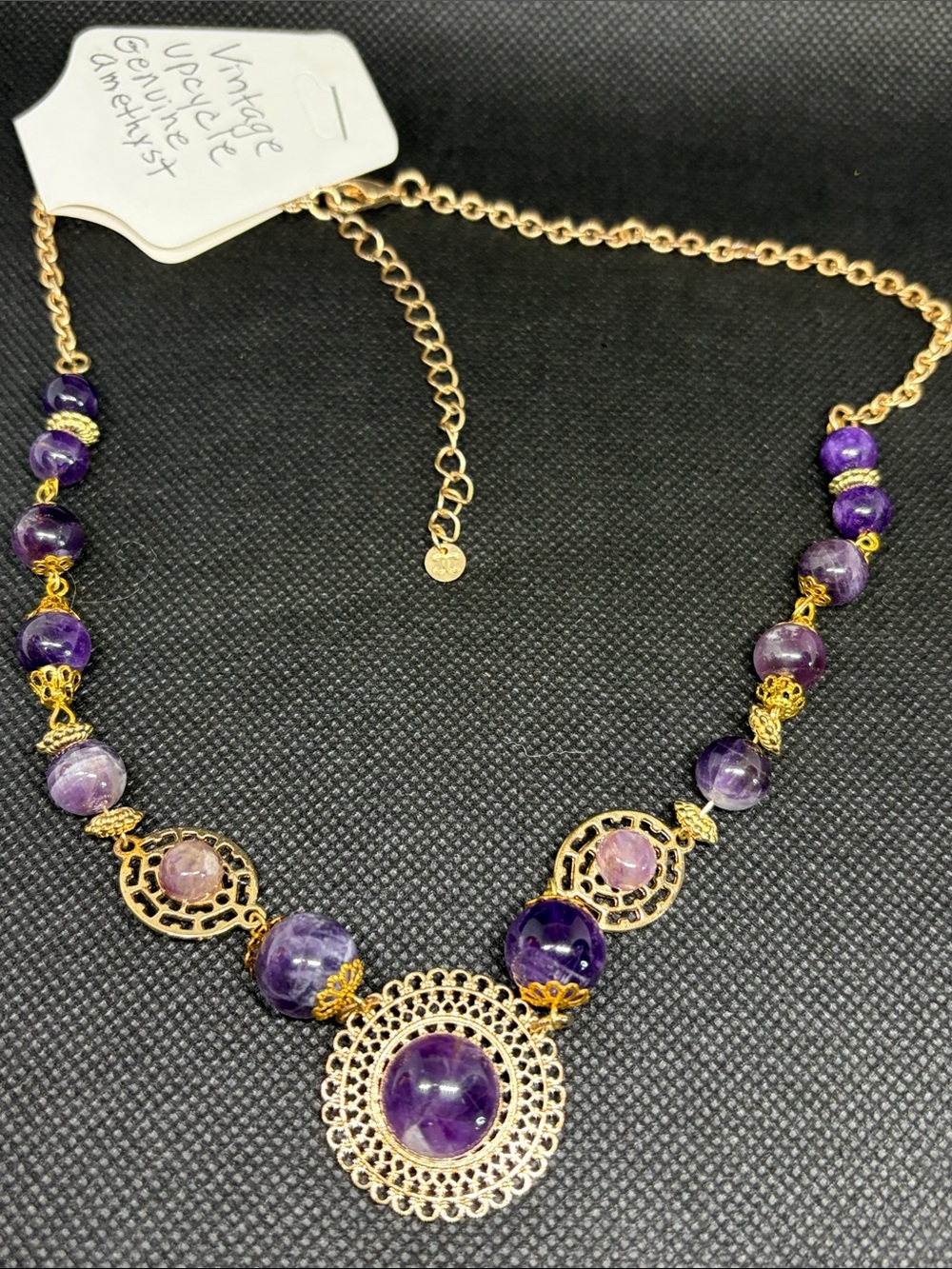 Genuine Amethyst Vintage Upcycle Gold Tone Statement Necklace boho